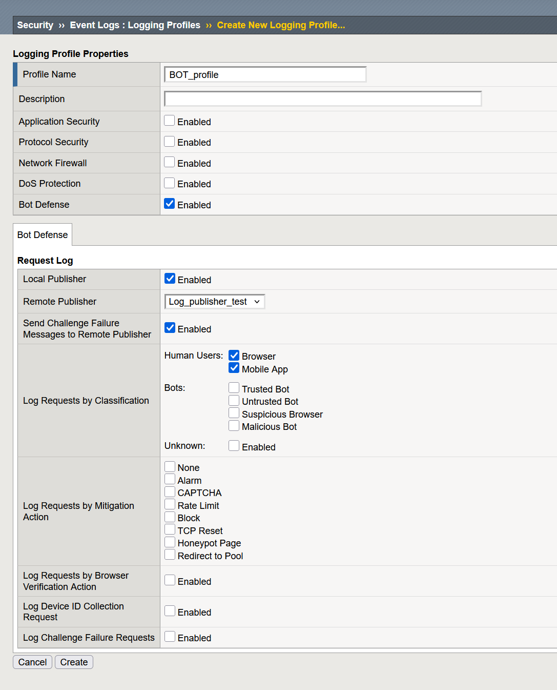 Configure a remote logging profile for the WAF DoS profile or BOT ...