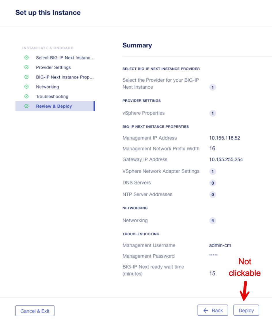 The deploy button does not work when deploying a new BIG-IP Next instance