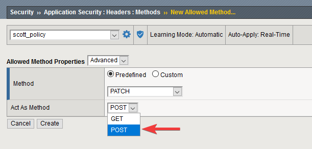 Cannot disallow / remove POST as an Allowed Method in Security Policy