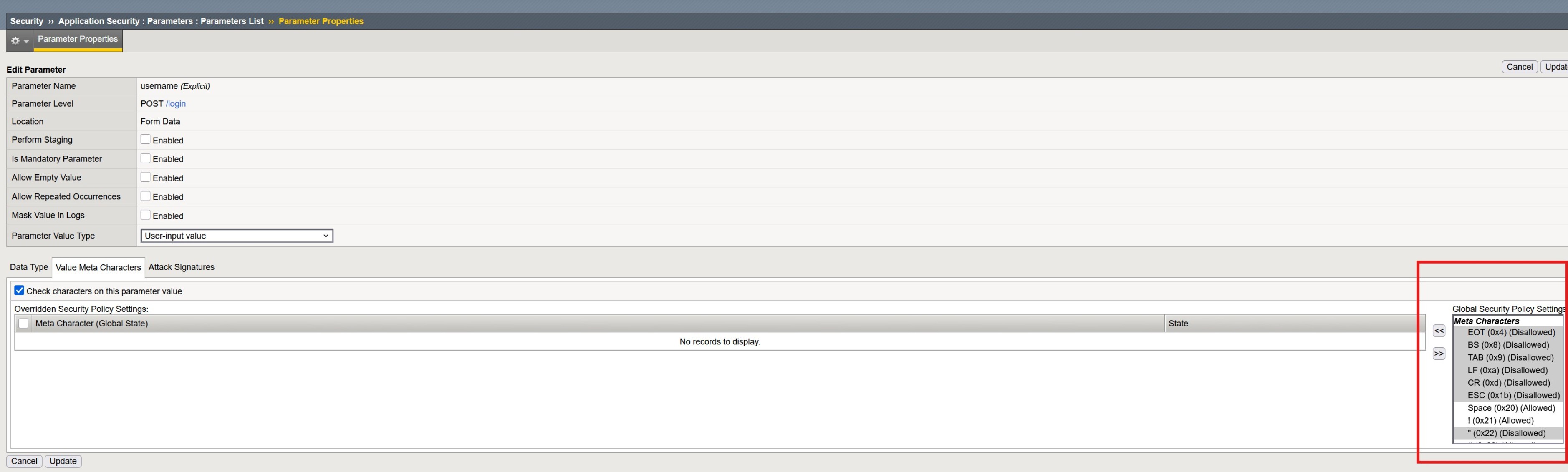 In ASM edit the parameter value meta characters via using swagger file