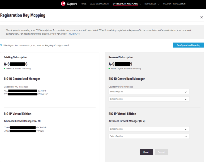 Mapping VE registration keys after a subscription renewal