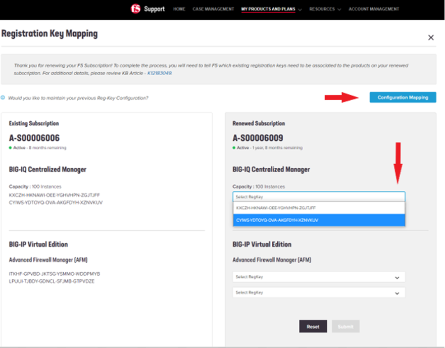Mapping VE registration keys after a subscription renewal